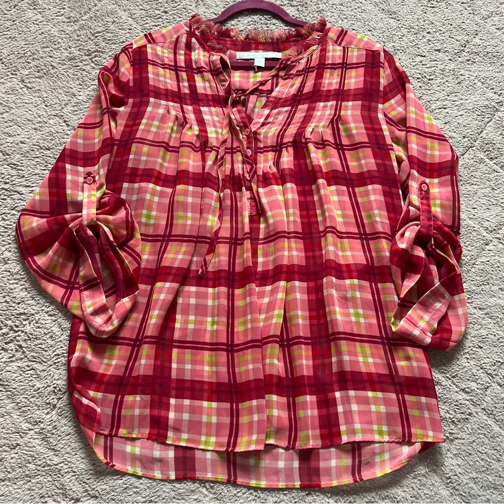 LC Lauren Conrad Plaid Ruffle Trim Blouse Preppy Western Cottage Minimalist Sz M